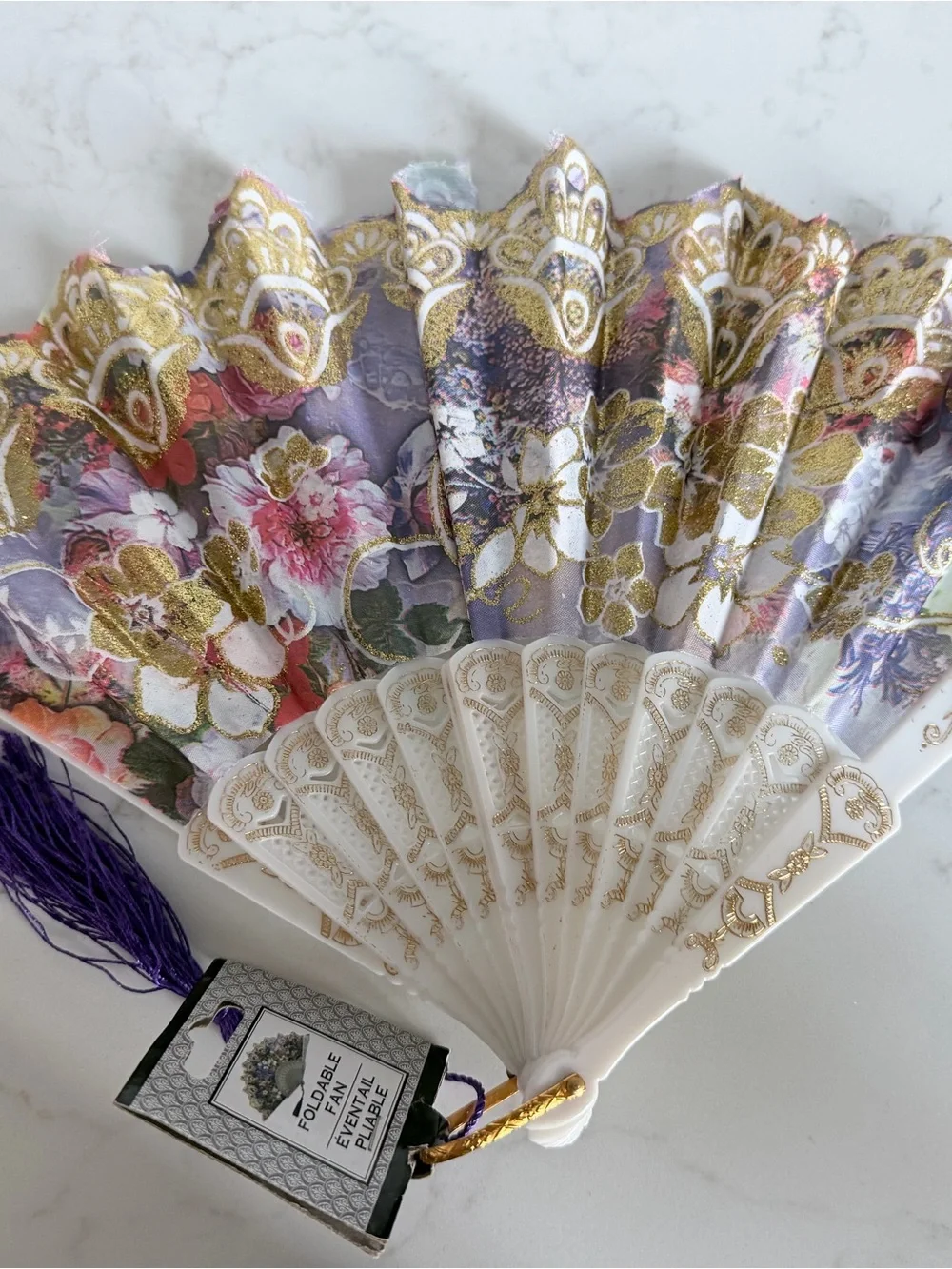 Vintage Decorative White and Purple Floral Hand Fan Wall Decor